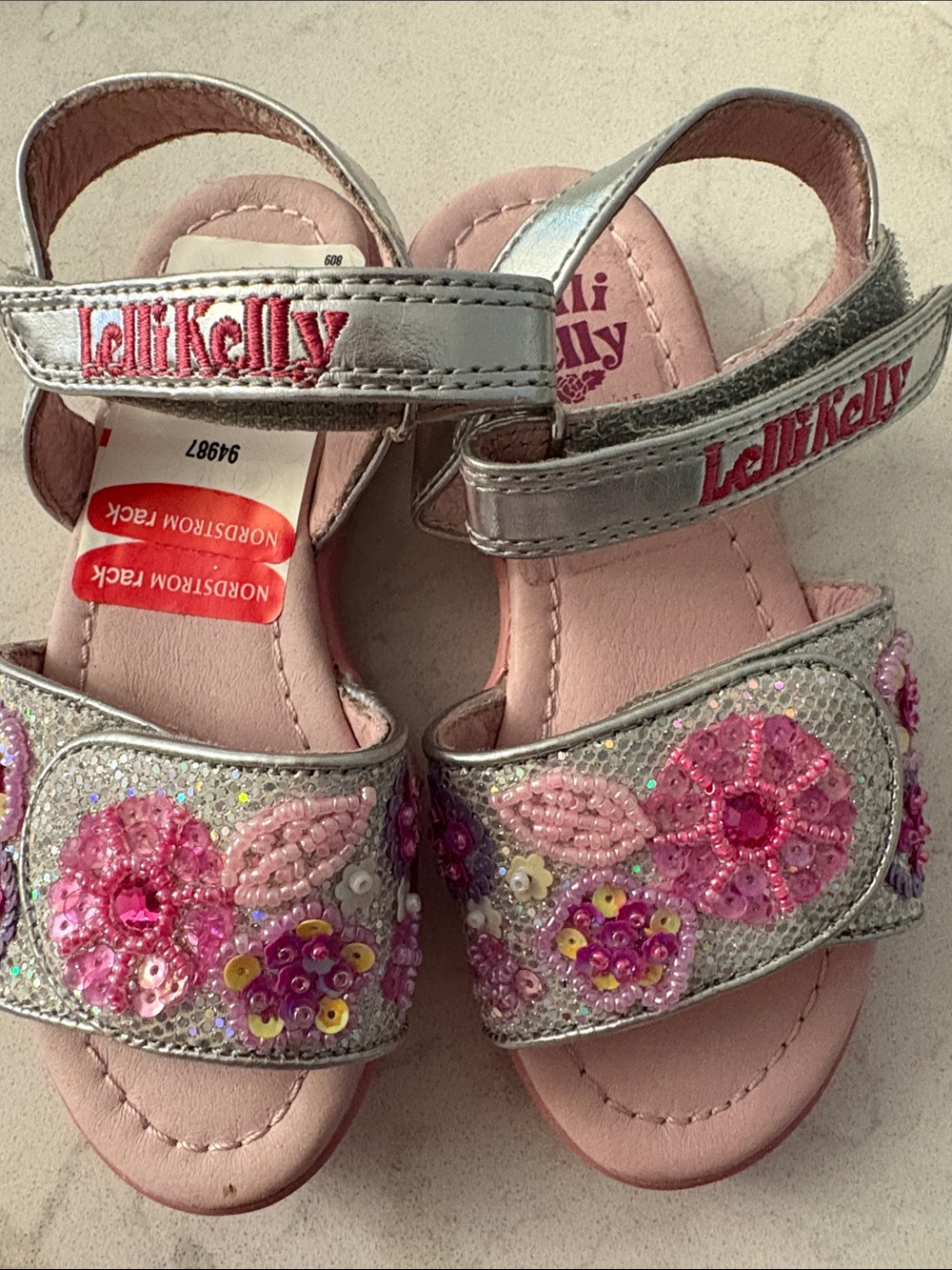 NWT Lelli Kelly Silver & Pink Sequin Floral Girls' Sandals